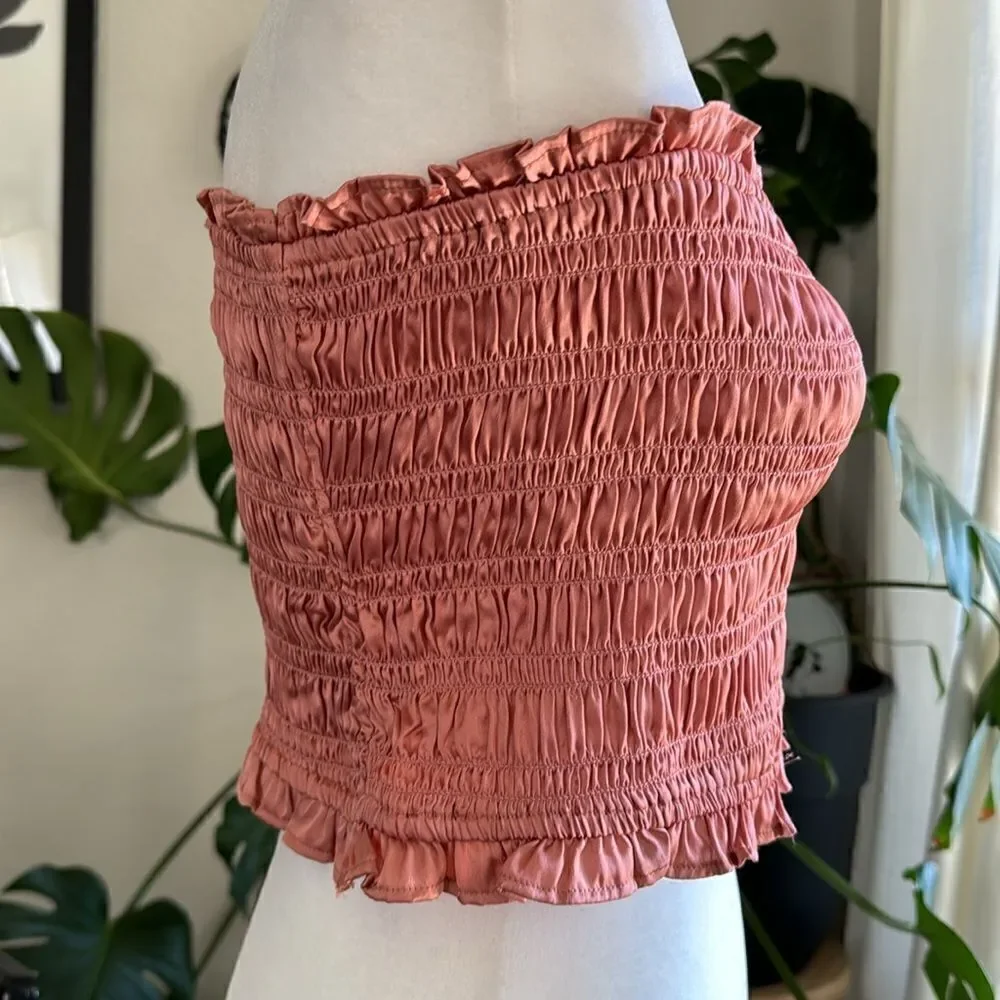 NWOT Free People Be Right Back Tube Smocked Ruffled Rose Gold Strapless Shiny